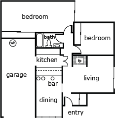 Floor plan for 2 beds, 1 bath, 925 sqft